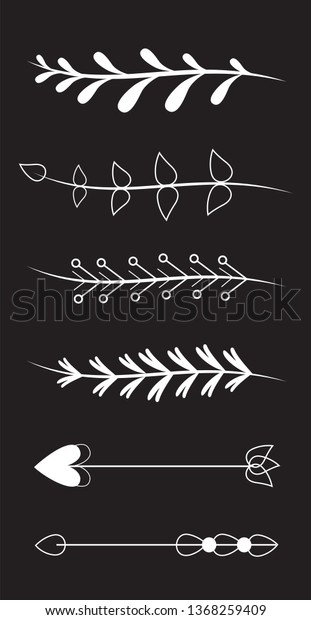 Flourish vector ornaments set isolated on\
black background. Hand drawn of rustic dividers.Decorative flourish\
ornaments for frame,border,menu card and calligraphic design\
elements. Vector\
illustration