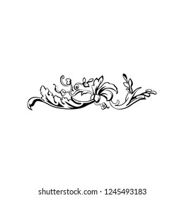 Flourish vector text divider. Floral vintage calligraphic embellishment. Isolated black ornate design element. Decorative scrollwork clipart. Invitation, greeting card, poster filigree decoration