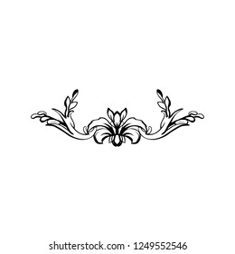 Flourish vector text divider. Floral vintage calligraphic embellishment. Isolated black ornate design element. Decorative scrollwork clipart. Invitation, greeting card, poster filigree decoration