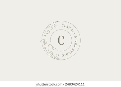 Flourish wildflower circle outline logo monogram design template vector illustration. Elegant natural flower leaves and buds round line logotype for organic cosmetics beauty cosmetology salon