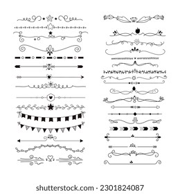 Flourished ornament dividers. Ink flourish and arrow decorations dividers. Vintage divider element. Black thin-line ornate design element collection for wedding invitations, Borders, etc.