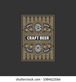 Flourishes beer label design template with hops in linear style. Vector illustration.