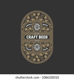 Flourishes beer label design template with hops in linear style. Vector illustration.