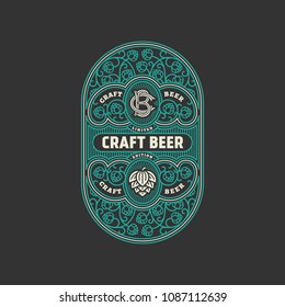 Flourishes Beer Label Design Template With Hops. Vector Illustration.
