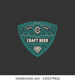 Flourishes beer label design template with hops in linear style. Vector illustration.