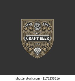 Flourishes beer label design template with hops. Vector illustration.