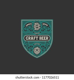 Flourishes beer label design template with hops in linear style. Vector illustration.