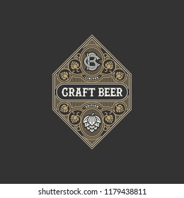 Flourishes beer label design template with hops. Vector illustration.