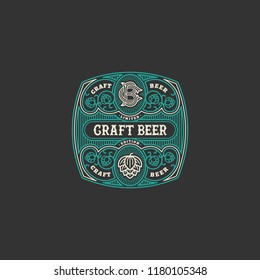 Flourishes beer label design template with hops in linear style. Vector illustration.