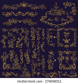 flourishes  border,frame,brushes,floral gold decor elements set .Vintage design template,invitation,card,restaurant menu.Wedding,Valentin day,holiday,Easter,birthday.Vector,ornate calligraphic swirls