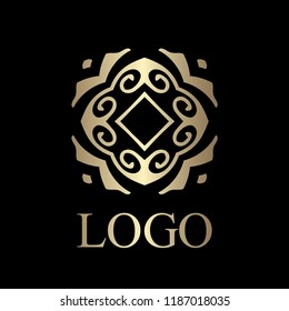 Flourishes calligraphic art deco logo emblem template. Luxury elegant deco ornamental logo design. Vector illustration.