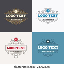 Flourishes calligraphic emblems. Football ball, Roller skates, Running icons. Fitness sport symbols. Gym workout equipment. Luxury ornament lines. Vector