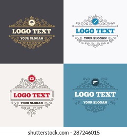 Flourishes calligraphic emblems. Gun weapon icon.Knife, umbrella and photo camera signs. Edged hunting equipment. Prohibition objects. Luxury ornament lines. Vector