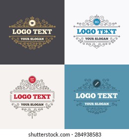 Flourishes calligraphic emblems. Pencil and open book icons. Graduation cap symbol. Higher education learn signs. Luxury ornament lines. Vector