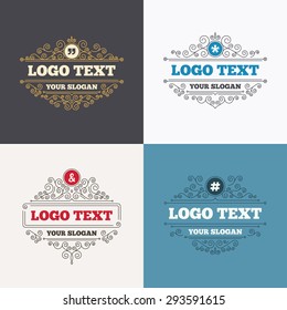 Flourishes calligraphic emblems. Quote, asterisk footnote icons. Hashtag social media and ampersand symbols. Programming logical operator AND sign. Luxury ornament lines. Vector