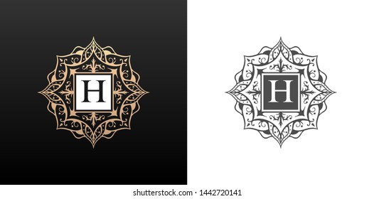 Flourishes calligraphic monogram emblem template. Luxury elegant frame ornament logo design vector illustration. Good for Royal sign, Restaurant, Boutique, Cafe, Hotel, Heraldic, Jewelry, Fashion