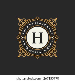 Flourishes Calligraphic Monogram Emblem Template. Luxury Elegant Frame Ornament Line Logo Design Vector Illustration. Good For Royal Sign, Restaurant, Boutique, Cafe, Hotel, Heraldic, Jewelry, Fashion