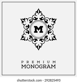 Flourishes calligraphic monogram emblem template. Luxury elegant frame ornament line logo design vector illustration.