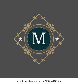 Flourishes calligraphic monogram emblem template. Luxury elegant frame ornament line logo design vector illustration. ?Example designs for Cafe, Hotel, Fashion, Royal sign, Restaurant, Boutique