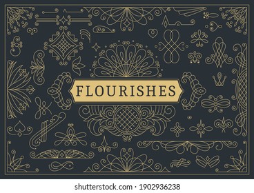 Florece el fondo ornamental vintage caligráfico. Página decorativa dorada con elementos de remolinos y viñetas. Plantilla de diseño de marco. Menú de restaurante vectorial o certificado de regalías