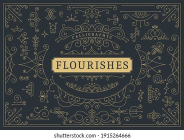 Flourishes calligraphic vintage ornamental background. Golden ornate page with swirls and vignettes elements. Frame design template. Vector luxury invitation