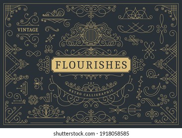 Flourishes Calligraphic Vintage Ornamental Background. Golden Ornate Page With Swirls And Vignettes Elements. Frame Design Template. Vector Restaurant Menu Or Royalty Certificate