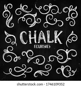 Flourishes collection with swirl lines on chalkboard vector illustration. Ornamental chalkboard with hand-drawn lettering floral in white color. Board with calligraphy phrase and pattern