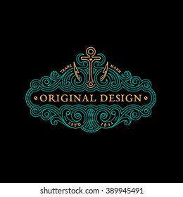 Flourishes elegant ornament label template with anchor in trendy linear style. Vector illustration.