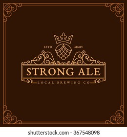 Flourishes frame ornament template with hop and crown for logos, labels, emblems for beer house, bar, pub, brewing company, brewery, tavern. Vector illustration.