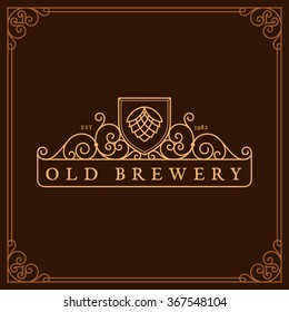 Flourishes frame ornament template with hop for logos, labels, emblems for beer house, bar, pub, brewing company, brewery, tavern. Vector illustration.