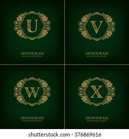 Flourishes Letter emblem U V W X template, Monogram design elements, Calligraphic graceful template, Elegant line art logo, Business sign for Royalty