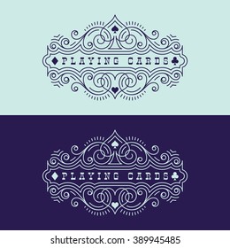 Flourishes luxury elegant ornament label template with playing card suit symbols in trendy linear style. Vector illustration.