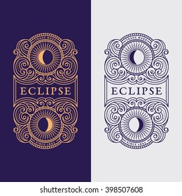 Flourishes luxury elegant ornament label template with sun in trendy linear style. Vector illustration.