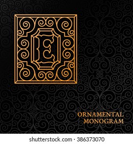 Flourishes luxury elegant ornamental monogram template with letter E in trendy linear style. Vector illustration.