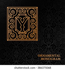 Flourishes luxury elegant ornamental monogram template with letter Y in trendy linear style. Vector illustration.