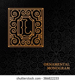 Flourishes luxury elegant ornamental monogram template with letter L in trendy linear style. Vector illustration.