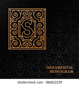 Flourishes luxury elegant ornamental monogram template with letter S in trendy linear style. Vector illustration.