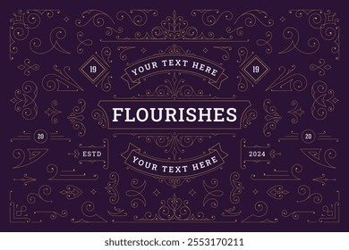 Flourishes de luxo dourado antigo redemoinho ornamento elemento conjunto ilustração vetor. Rolo de filigrana vintage estilo antigo vitoriano elemento caligráfico divisor de logotipo borda restaurante menu capa