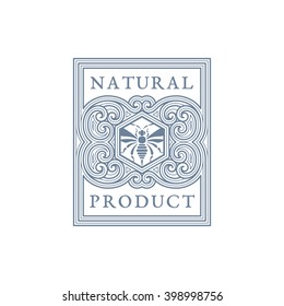 Flourishes ornament label template with bee in trendy linear style. Vector illustration.