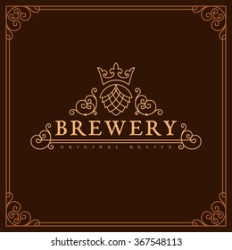 Flourishes ornament template with hop and crown for logos, labels, emblems for beer house, bar, pub, brewing company, brewery, tavern. Vector illustration.