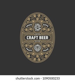 Flourishes oval beer label design template with hops in linear style. Vector illustration.