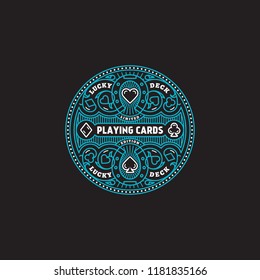 Flourishes playing cards label design template in linear style. Vector illustration.