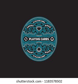 Flourishes playing cards label design template in linear style. Vector illustration.