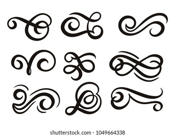 Flourishes set isolated on white background. Hand drawn flourish elements for invitations, posters, cards, restaurants etc. Vecto illustration.