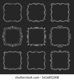 Flourishes square frames set. Calligraphic design elements. Monogram retro labels. White on black, vector illustration.