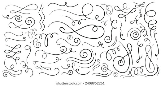 Flourishes, swirls, decorative elements vector collection. Sketch doodle. Fancy line flourish text typography accent, filigree modern curve ornament.