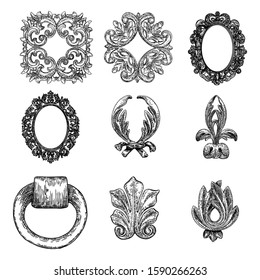 Flourishes and swirls flowers. Vintage baroque leaf scroll, floral ornament engraving in retro antique style. Damask elements. Vectror set.