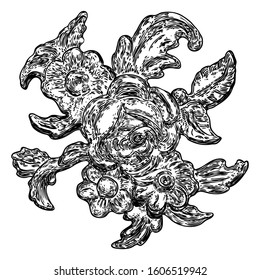 Flourishes and swirls flowers. Vintage baroque leaf scroll, floral ornament engraving in retro antique style. Damask elements.