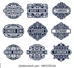 Flourishes vector labels, luxury templates with floral ornament. Business signs, brand identity for restaurant, distillery company, wine store. Royal boutique or cafe elegant isolated emblems set