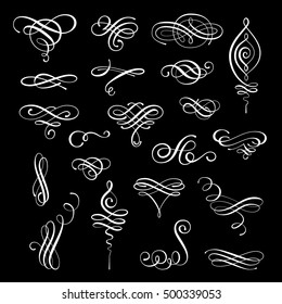 Flourishes. Vector set of calligraphic design elements and page decoration in white color. Elegant collection of hand drawn swirls and curls for your design. Isolated on black background.
